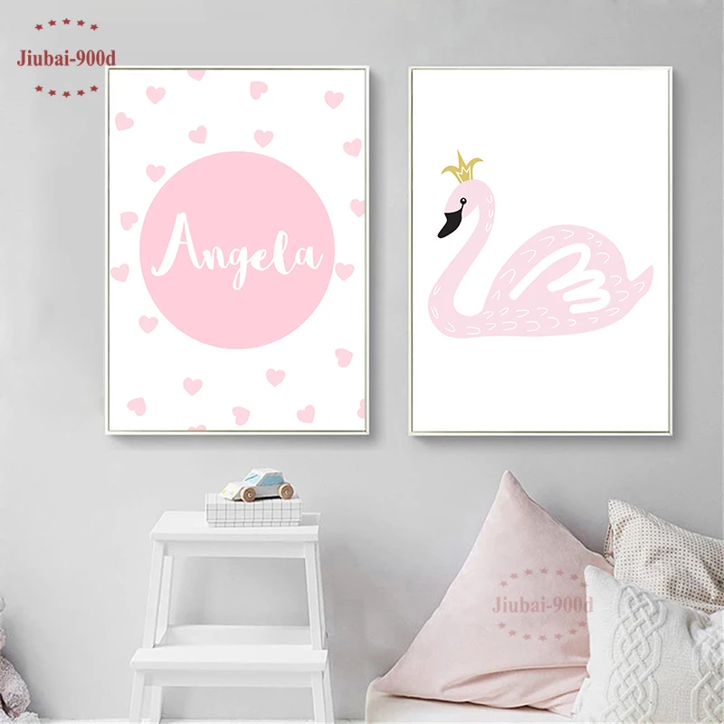 

Personalized Name Custom Poster Cartoon Pink Swan Nursery Print Painting Decorative Baby Room Wall Decoration Posters And Prints