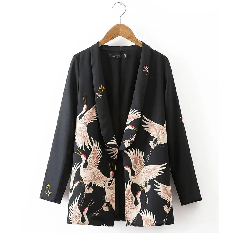 

X191 spring autumn fashio women brief black color crane print long sleeve blazer with belt ladies elegant blazers streetwear