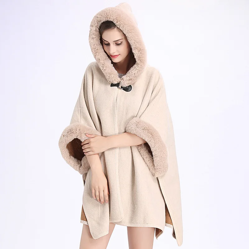 10 Colors Women Faux Rabbit Fur Batwing Sleeves Loose Long Cappa Overcoat With Hat Winter Warm Horn Buckle Thick Poncho Cape