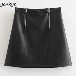 Модная женская двойная молния искусственная кожа мини-юбка женская винтажная черная высокая талия трапециевидная Юбка faldas mujer moda 2018