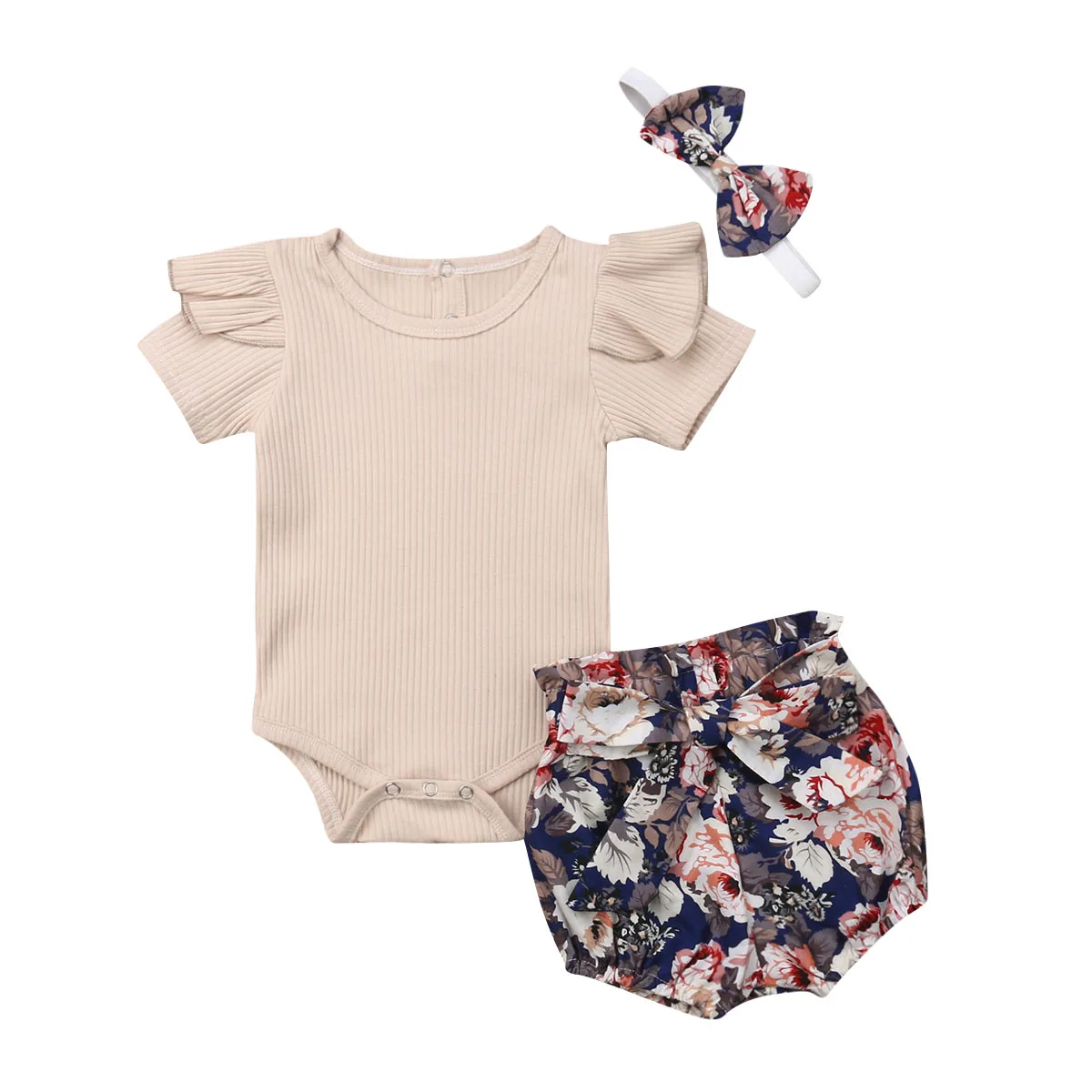 

3PCs New Toddler Baby Girl Ruffle Short Sleeve Romper Top + Floral Shorts + Bowknot Headband