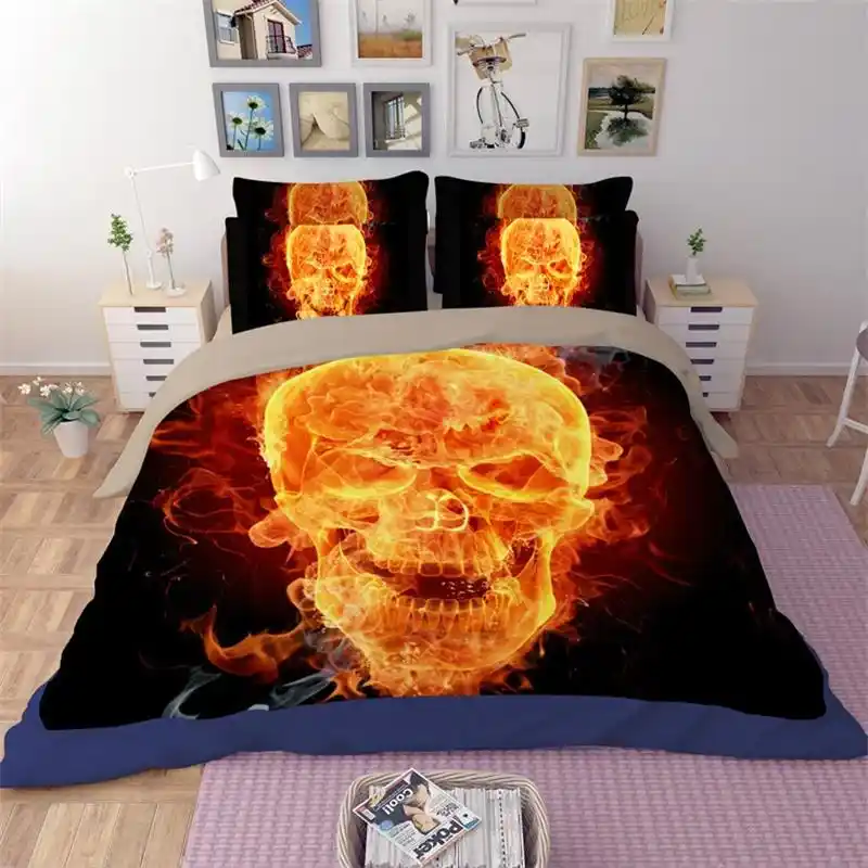 Personalized Punk Gothic Flame Skeleton Skull Bedding Set Twin