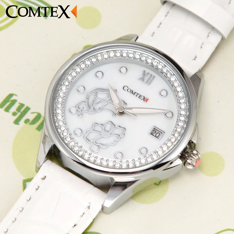 Comtex Для женщин часы жемчужно белый циферблат кожаный ремешок наручные бабочка