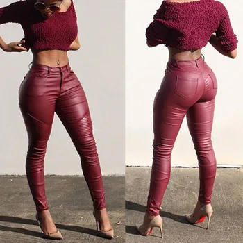 

Women Faux Leather Pants Ladies Sexy Skinny Solid Slim Fit PU Leather Trousers Female Leggings Push Up Pants 2019 NEW W3