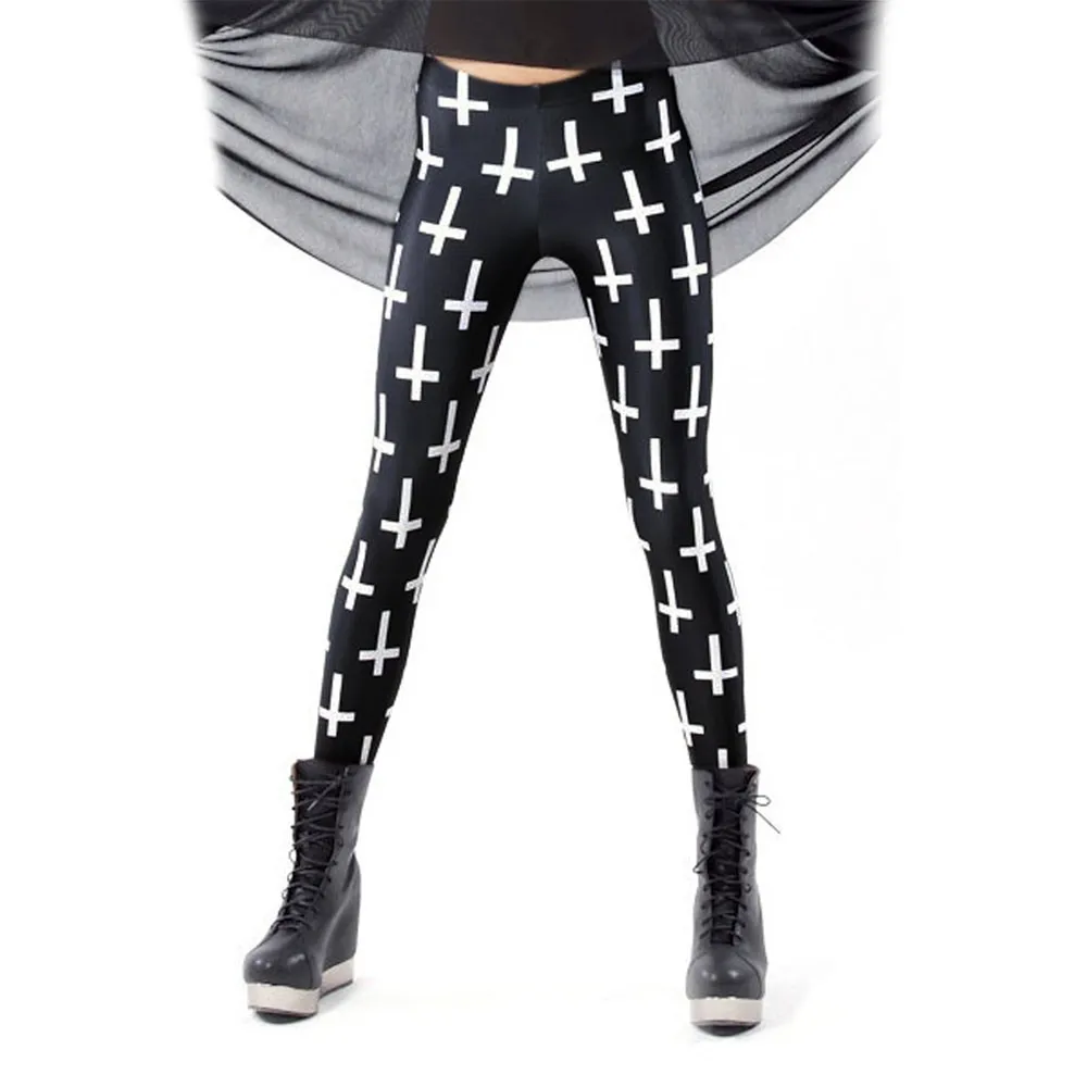 

New Personality Women Ladies Black Cross Print Full Length Skinny Leggings Pants
