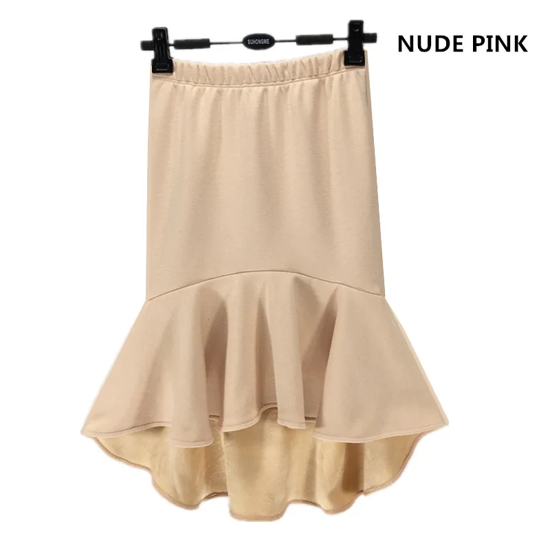 Осень зима модные высокие эластичные карандаш рабочих юбки для женщин толстый бархат рыбий хвост юбка большого размера S-5XL 6XL трубы/Русалка - Цвет: Nude Pink