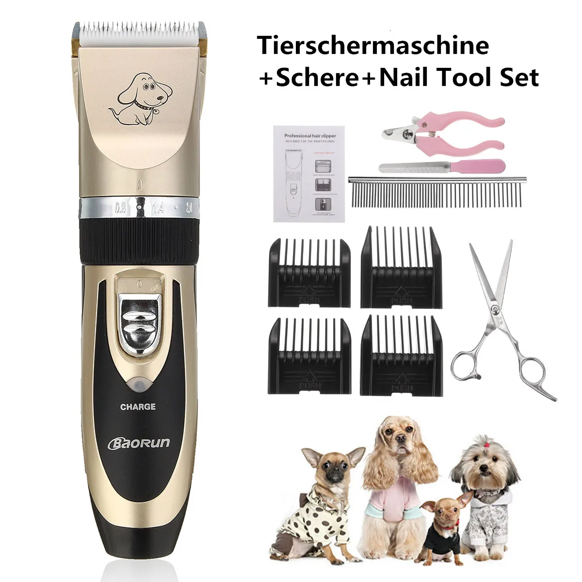

BaoRun Pet Cat Dog Hair Trimmer Dog Grooming Kit USB Rechargeable Electrical Clipper Haircut Machine with 4 Limit Combs