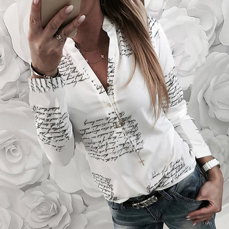 

Women Shirts White Blouses 2019 Spring Summer New Long Sleeve English Alphabet Print Shirts Womens Tops Blusas Feminine Blouse