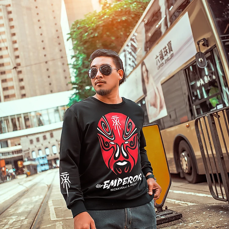 

2018 autumn men's head round neck face print autumn long-sleeved Sweatshirt fat large size Chinese style