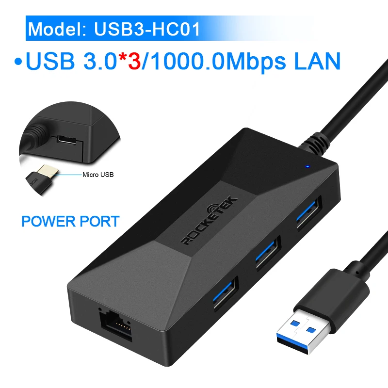 Rocketek USB 3,0 к Rj45 концентратор гигабитный Ethernet адаптер 1000 Мбит/с для Xiaomi Mi Box 3/S 4 4c se Android tv телеприставка Сетевая карта Lan - Цвет: USB 3.0