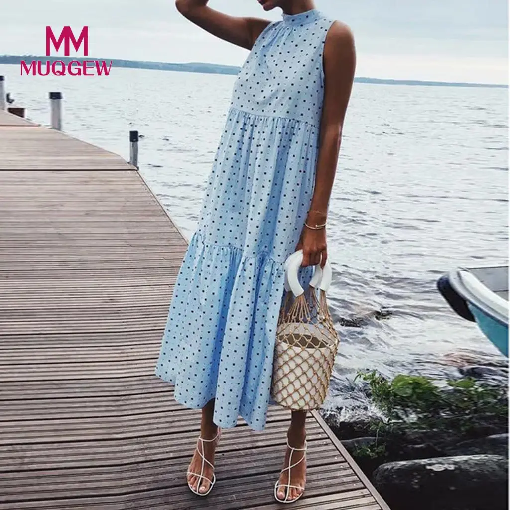 

Sleeveless Dot Print women's dresses Loose Hem Dress Holiday Beach Dress vestido elbise robe 46#G7