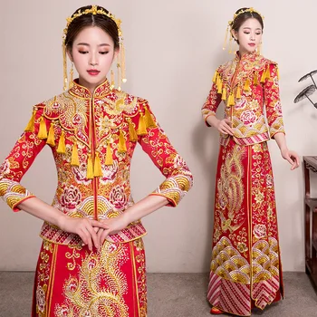 

Rhinestone Phoenix Cheongsam Suit Top Quality Women Embroidery Qipao Chinese Ancient Bride Wedding Party Dress Toast Clothes