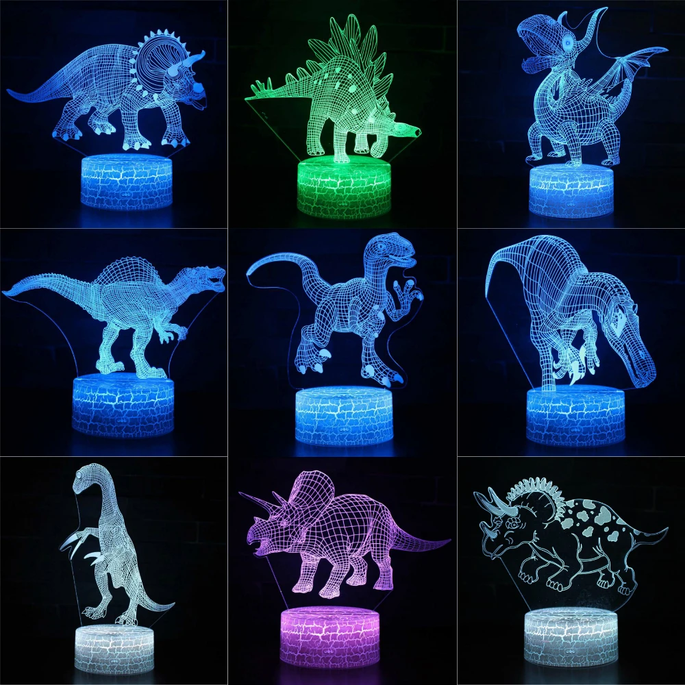 Baratos Raging Raptor Tyrannosaurus Rex todo tipo de dinosaurio con 7 colores de luz para la lámpara de decoración del hogar ilusión óptica Dropshipping