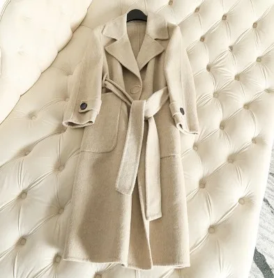 2019 Winter Coat Women Long Cashmere Alpaca Wool Coats With Belt High Quality