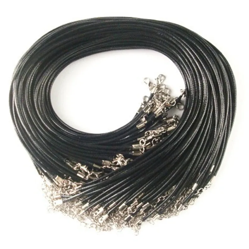 

Free Shipping 2.0MM Black leather cord Bracelets with Lobster Claw Clasp and Extension Chain for Handmade Necklace 17 inches