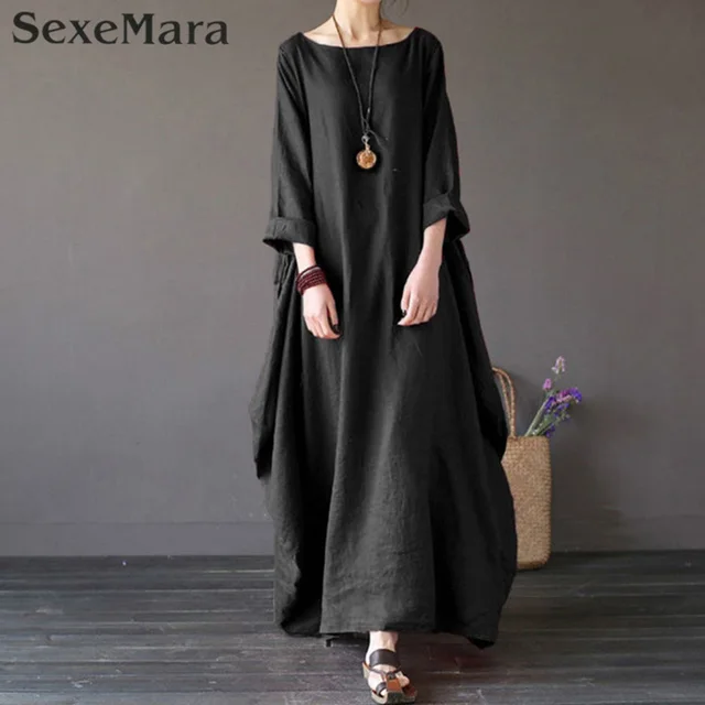 2018 Womens Crewneck 3/4 Batwing Sleeve Baggy Maxi Long Shirt Dress Casual Party Kaftan Solid Robe Vestido Plus Size 1
