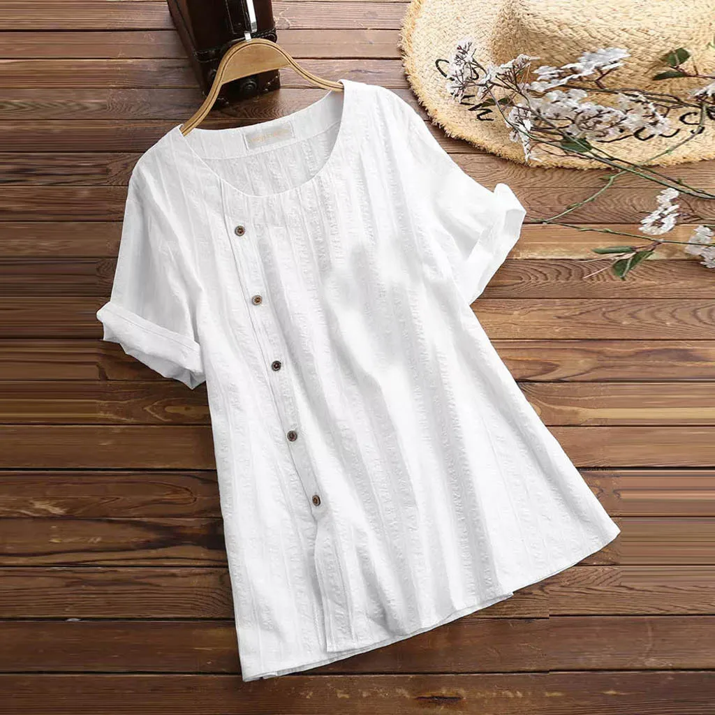

Women Loose Blusas Solid Color Cotton and Linen O-Neck Short Sleeve Shirt Blouse Tops Clothes Blouses Button Feminina Camisas
