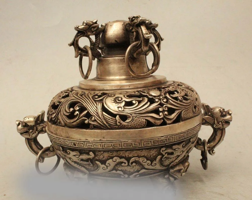 

7" Chinese Dynasty Palace Buddhism Silver Dragons Statue Incense Burner Censer