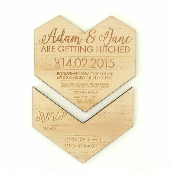  Wooden Wedding invitation. Geometric heart. Snap off RSVP - 32867436772