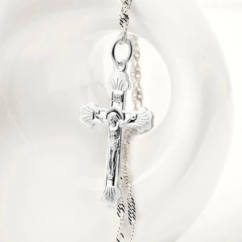 Sinya S990 Sterling Silver Cross Pendant With 18inch 925 silver waterwave Chain Necklace Christmas Gift Jesus Jewelry  (6)