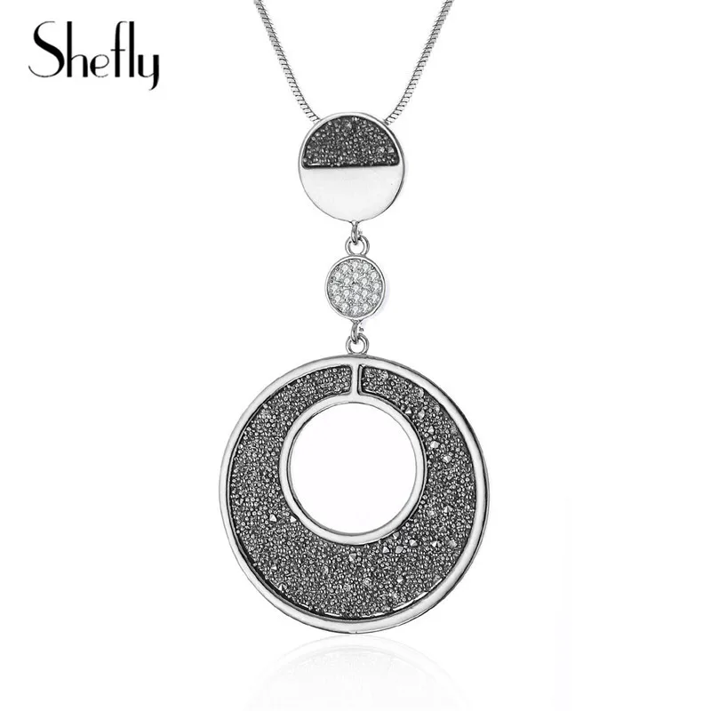 Блестящие черные хрустальные геометрические круги ожерелье, подвеска из золота серебряное ожерелье на длинной цепочке для женщин модные ювелирные изделия - Окраска металла: silver