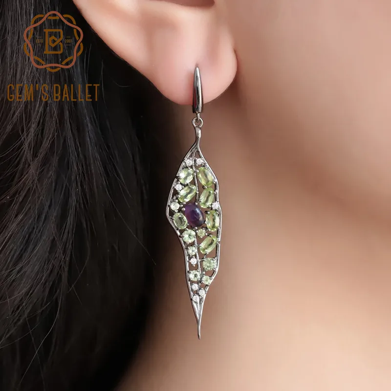

GEM'S BALLET 925 Sterling Sliver Vintage Palace Drop Earrings Natural Amethyst Peridot Gemstone Long Earrings For Women Jewelry