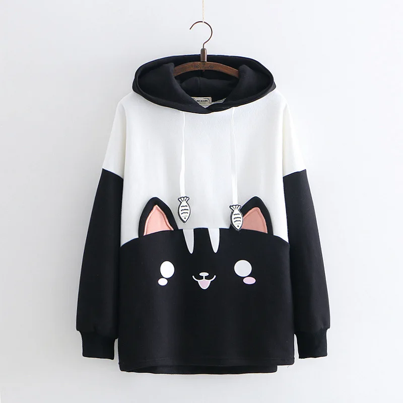 Baratos Sudaderas mujer dibujos animados color a juego gato blanco y negro comer pescado bordado femenino easing estudiantes Sudadera con capucha marea