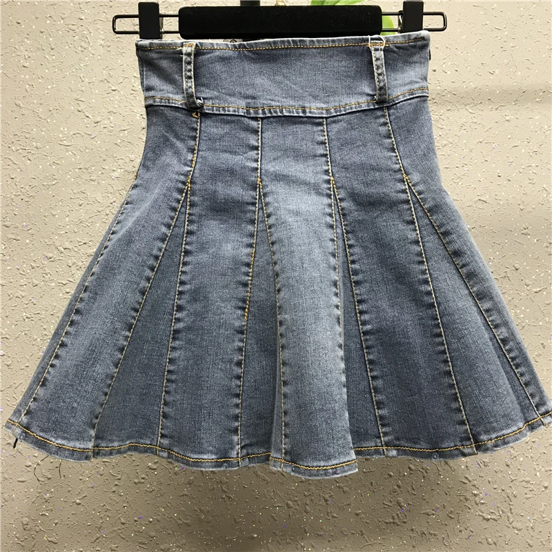 Весна Лето Новая плиссированная джинсовая юбка для женщин Высокая талия анти-светильник джинсовая мини-юбка