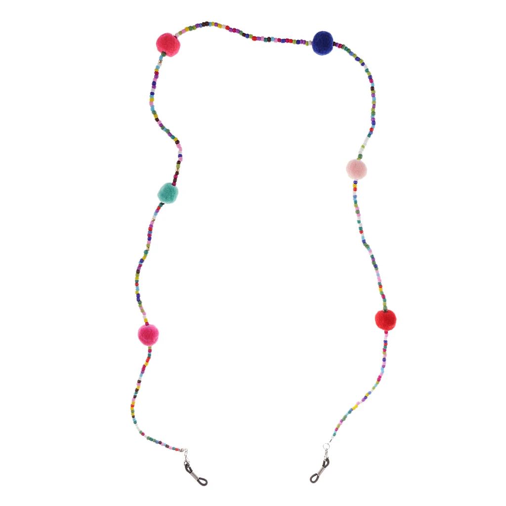 Anti Slip Colorful Beads Plush Ball Eyeglass Chain Necklace Rubber ends with Metal Coils Lanyards for Lady Girl 