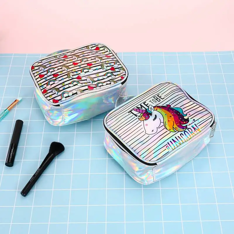 Stripe Pattern Laser Cosmetic Bag Cartoon Unicorn Waterproof Makeup Bag Handbag Storage Mak Up Beauty Organizer Case