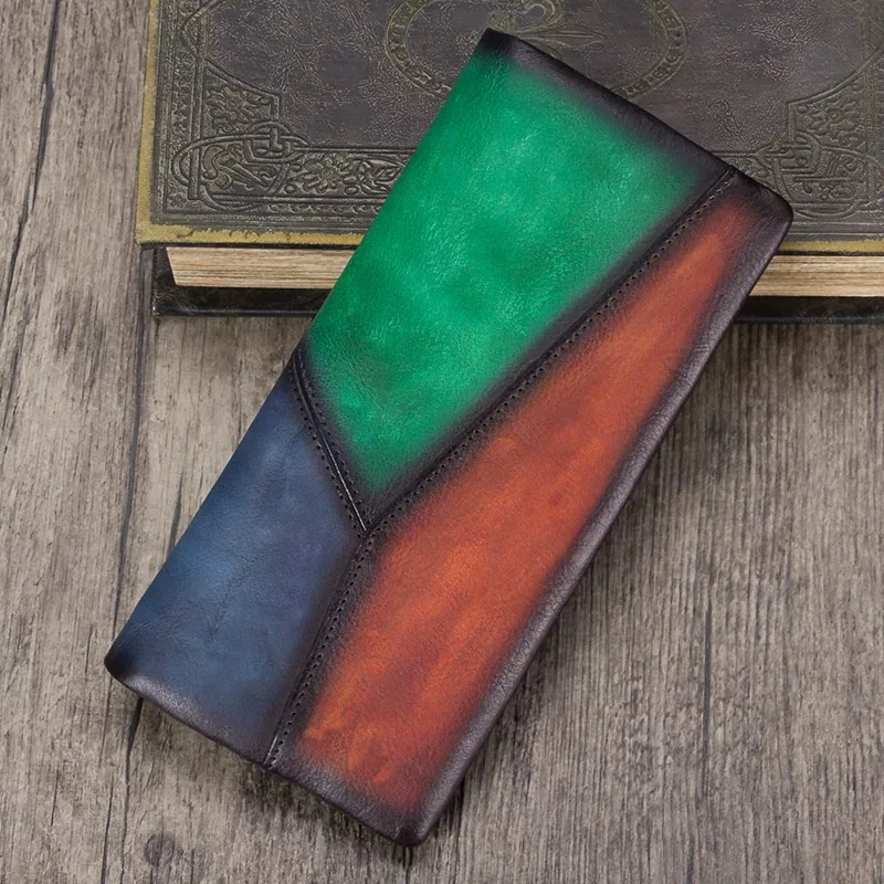 

Unique Multi Color Designer Genuine Real Soft Cow Leather Women's Long Card Purse Lady Photo Holder Female Clutch Bifold Wallet