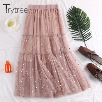 

Trytree Summer Autumn Romantic A-line Double layer Mesh Women Skirt Patchwork Star Sequined Mid-Calf Ruffles Skirt Female Skirts