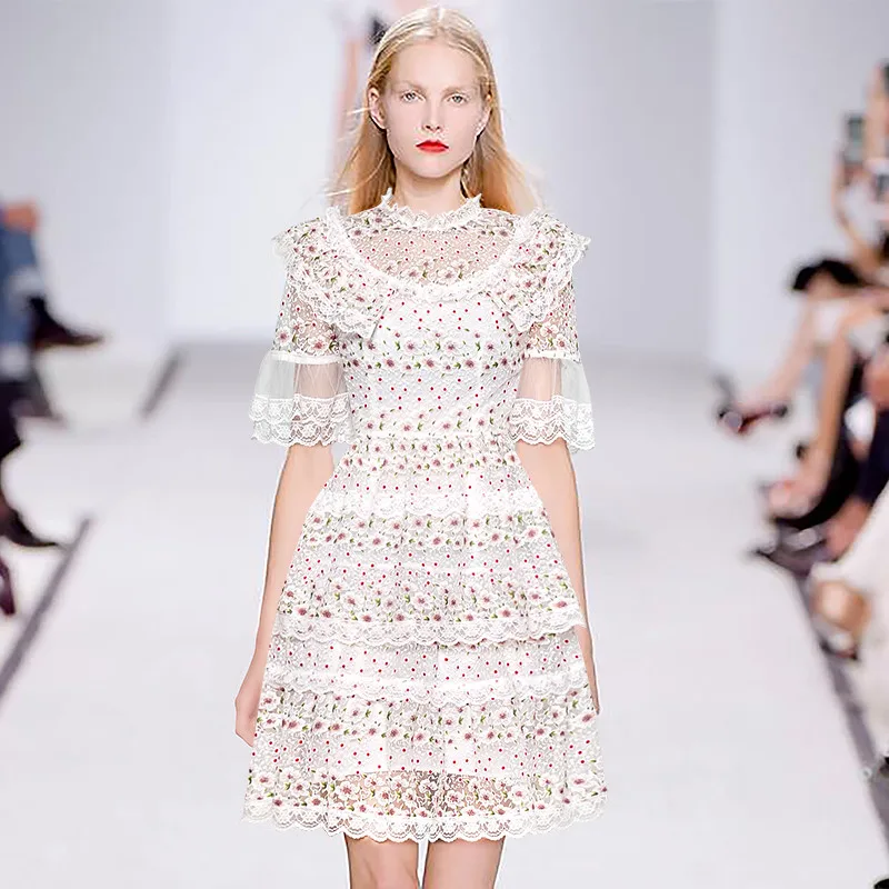 

Stand Collar Half Sleeved Ruffled Perspective Mesh Embroidery Flower Dress 2019 Summer New Style Floral Lace Patchwork Dress