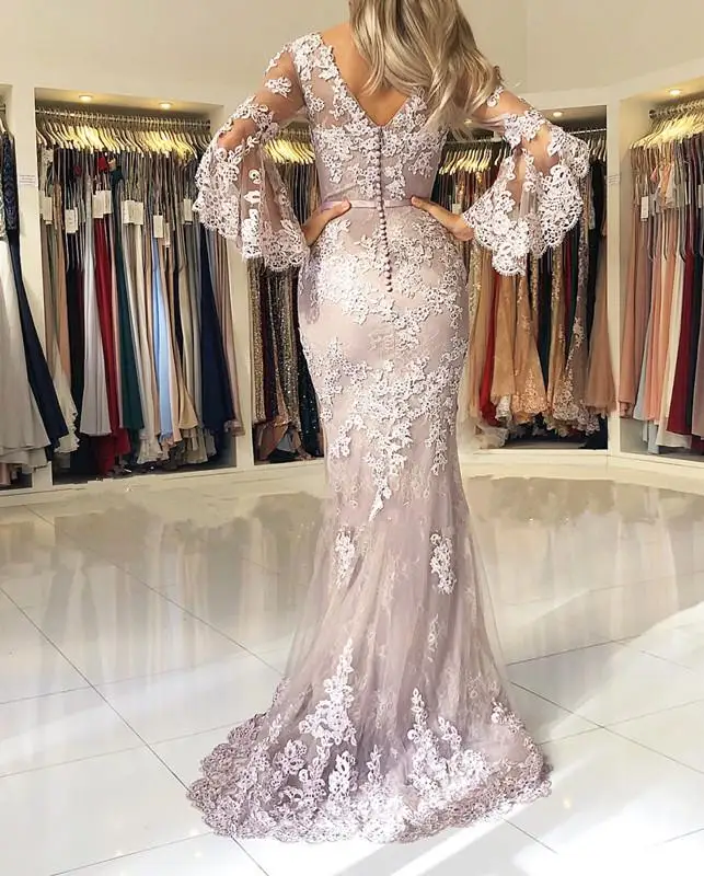 Вечернее 2019 сиреневое вечернее платье с рукавами vestidos largos кружево бисером Ислам