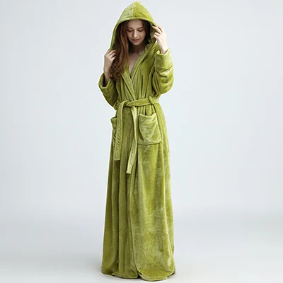 Женский и мужской зимний удлиненный теплый фланелевый банный халат с капюшоном, роскошный теплый халат, мягкий шелковый халат, халаты для подружки невесты - Цвет: Women Grass Green
