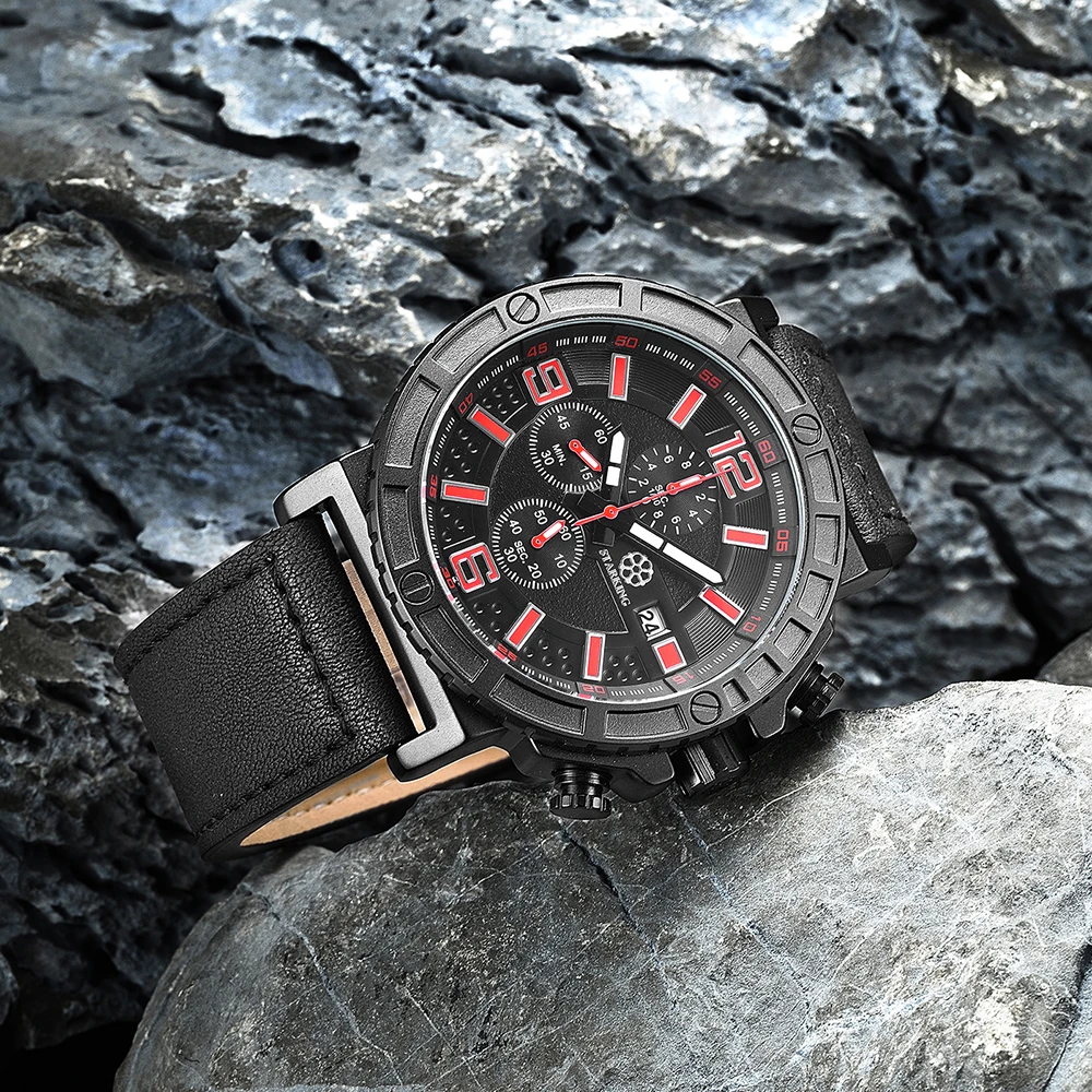 STARKING Men's Sport Wrist Watch Genuine Leather Watch Band Chronograph Russian Military Watches 30M Water Resistant Army Watch (21)