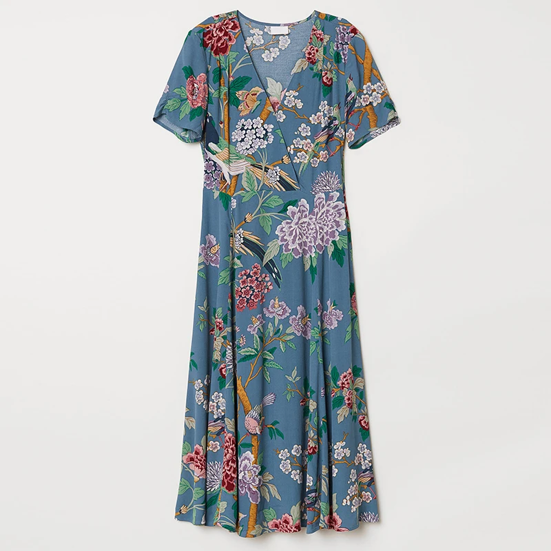 ShejoinSheenjoy Women Vintage Bird Floral Print Maxi Dress V neck Short Sleeve Side Zipper Retro Mid-Calf Casual Ladies Dresses (17)
