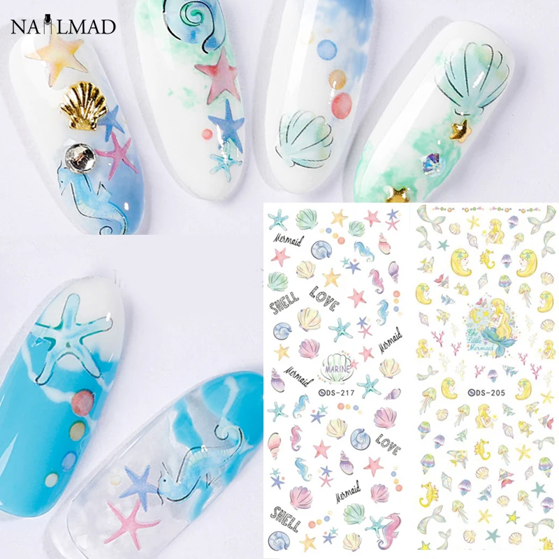 

2pcs Sea Horse Nail Water Decals Shells Starfish Transfer Stickers Mermaid Nail Art Tattoo Sticker