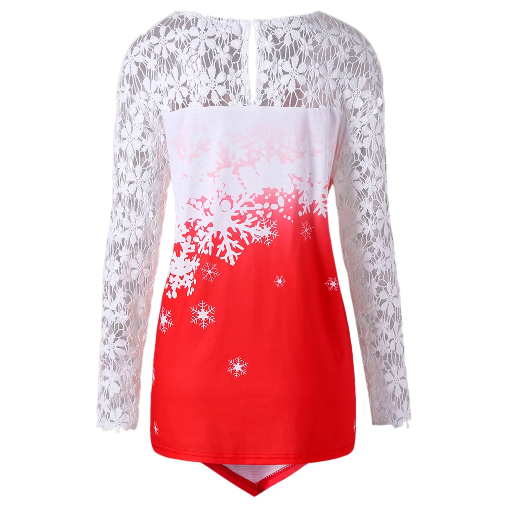 Women Blouses Causal Merry Christmas Santa Snowflake Print Tops Long Sleeve Lace Blouse Shirt SJ318V