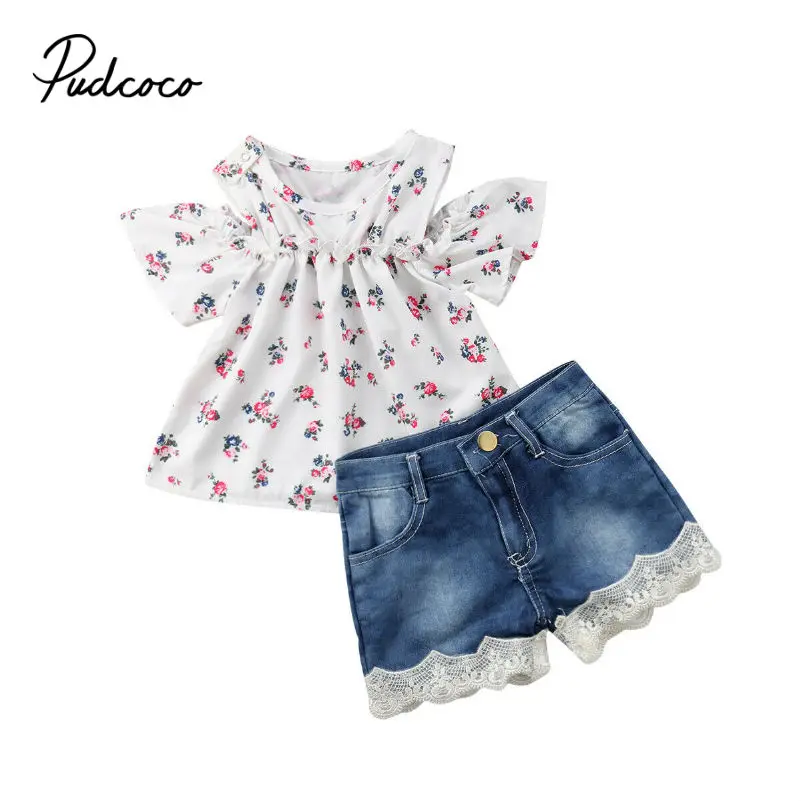 

Newest Newborn Baby Girls Tops +Flower Denim Shorts 2 Pieces Sets Clothes Outfits Set Casual Clothes 6M-4T conjunto infantil