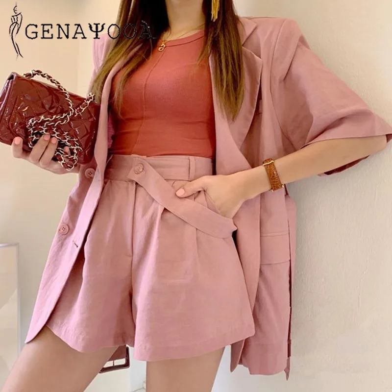 

Genayooa Two Piece Short Set For Women Blazer Women Summer Two Piece Set Solid Cotton And Linen Summer Suit High Waist Shorts