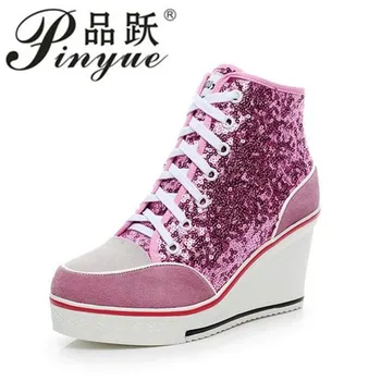 

Glitter Sequins Women casual shoes Height Increasing Wedges lace up Casual Ankle high top Sliver Canvas Shoes size 35--43