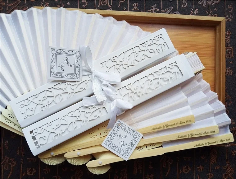 

30 pcs/lot Personalized Luxurious Silk Fold hand Fan in Elegant Laser-Cut Gift Box +Party Favors/wedding Gifts+printing