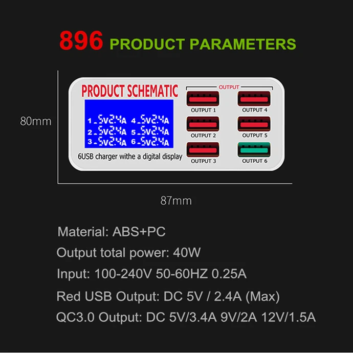 Amstar 6 Порты 40 Вт USB Зарядное устройство Quick Charge 3,0 Быстрая зарядка USB зарядная док-станция с светодиодный Дисплей для iPhone XS samsung S9 Xiaomi - Тип штекера: 896