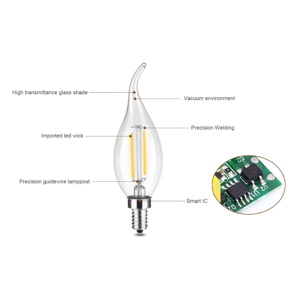 Старинная светодиодная нить лампы Led лампы в форме свечи света 2 Вт, 4 Вт, 6 Вт, 220 V/110 V C35 C35L E14 прозрачный Стекло оболочки ретро Светодиодная лампа edison