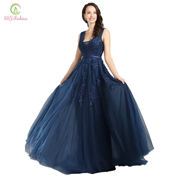 SSYFashion Lace Appliques V-neck Evening Dress Sleeveless