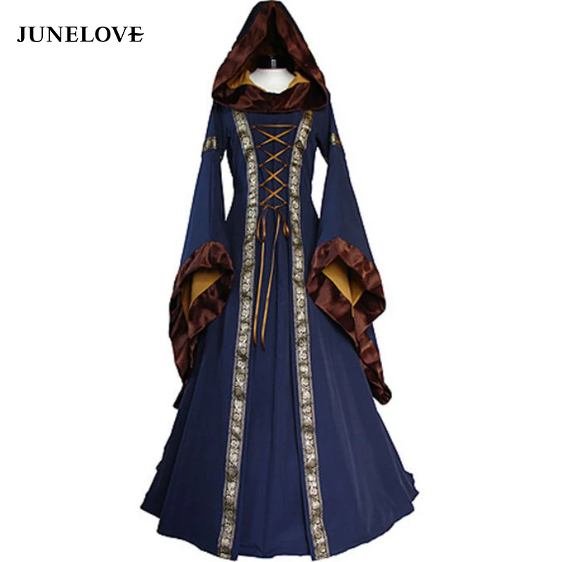

JuneLove Women New Retro Dress Vintage Long Sleeve Cotton Medieval Dresses Renaissance Victorian Party Club Long Maxi Dress