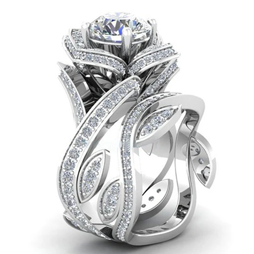 

Women's Luxury White Zircon Hollow Rose Flower Wedding Finger Ring Size 6-10