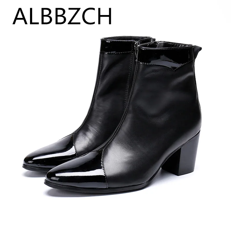 Fashion Mens High Heel Boots Men Ankle Chelsea Boots Patent Leather Male Shoes Chunky Motorcycle