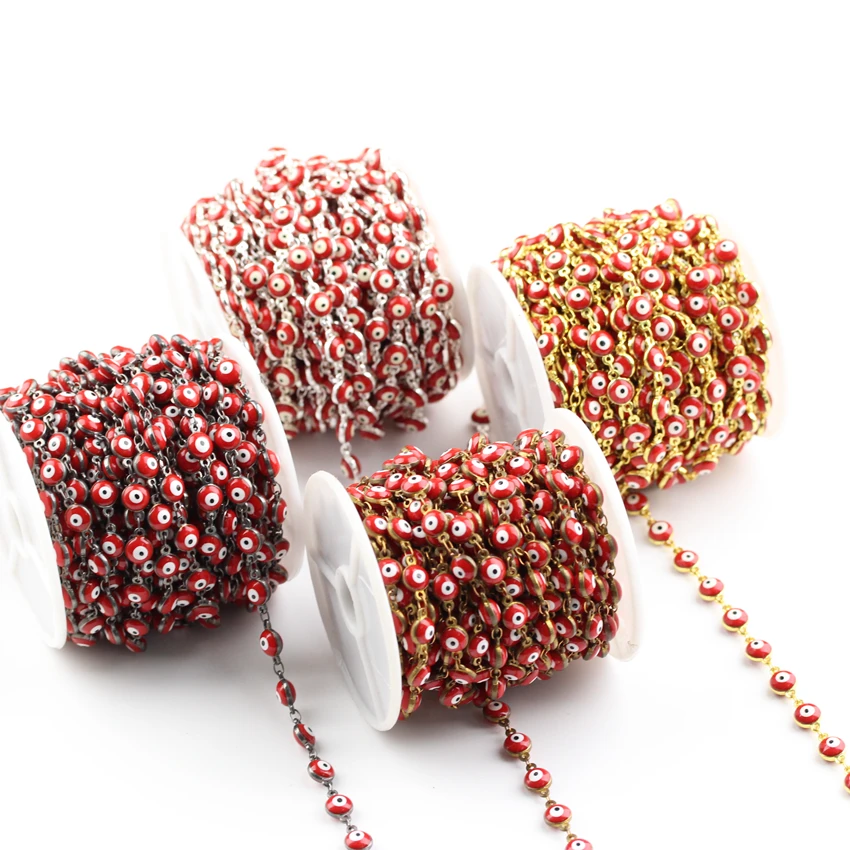 

6mm,Red Lampwork Flat Shape Beads Chains Jewelry Bulk,Wire Wrapped Rosary Copper Links Enamel Beads Bracelet Necklace
